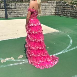 Pink ruffle sparkle prom dress